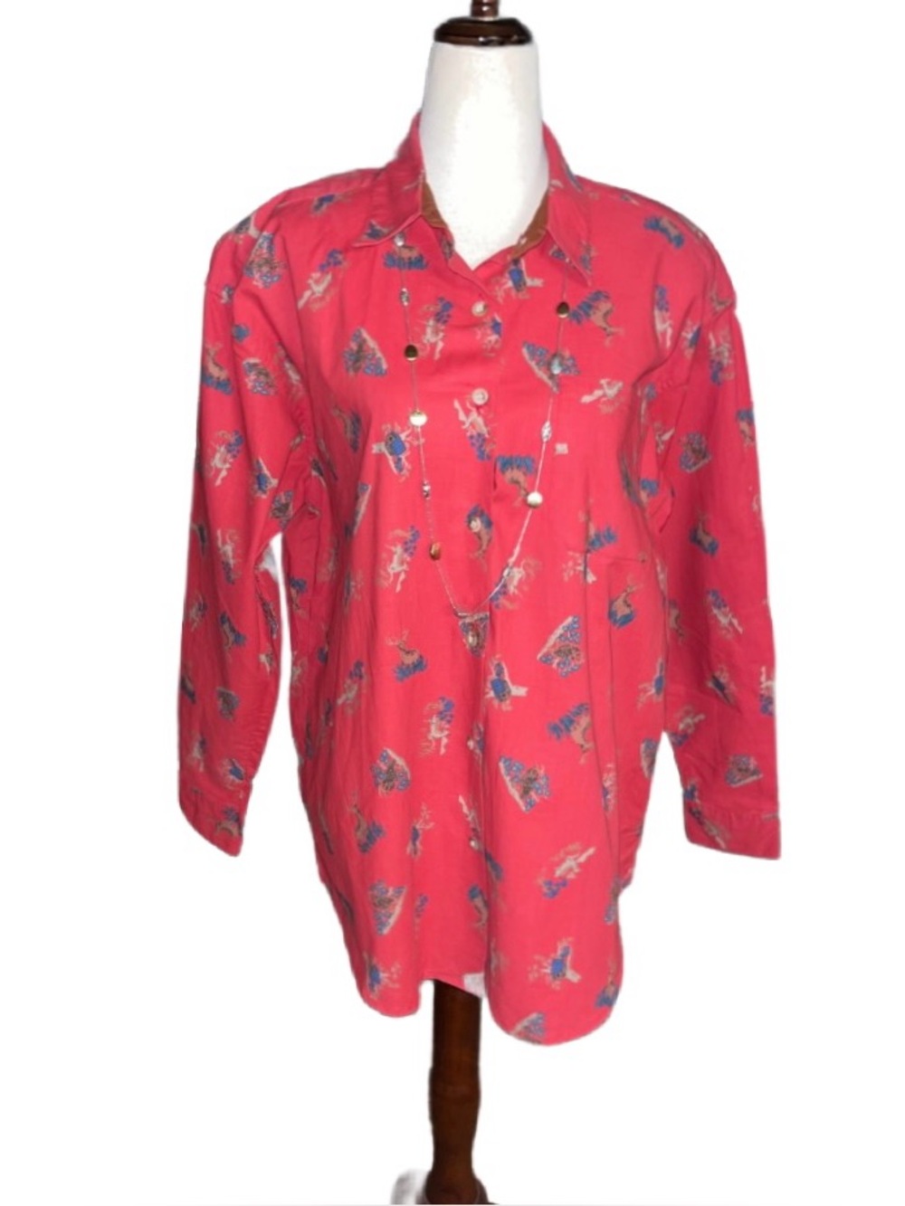 Kyoto Kasuals ~ Large ~ Vintage ~ Red ~ Multi-Colors ~ Deer & Bird ~ Blouse ~New